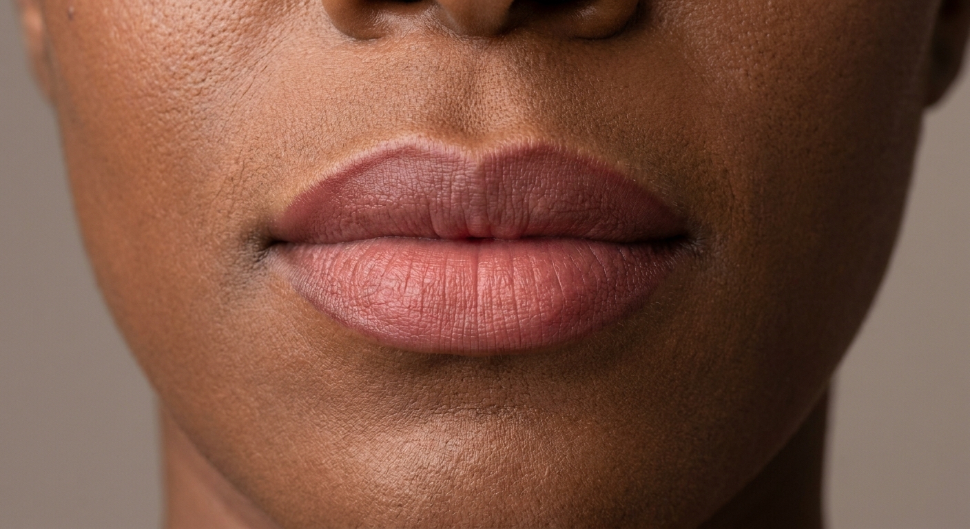 Healed lip blush on deeper brown skin: a warm berry rose evening out the natural lip tone.