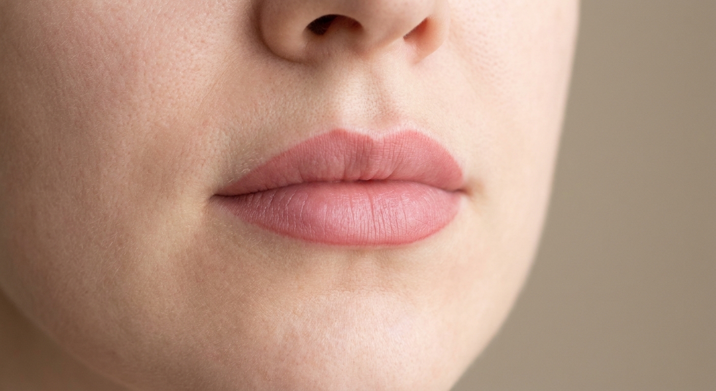 Healed lip blush on fair skin: a soft even rose carried across both lips with a softly defined border.