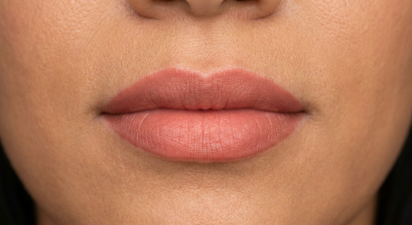 Healed lip blush on warm medium skin: a muted coral rose carried evenly across both lips.