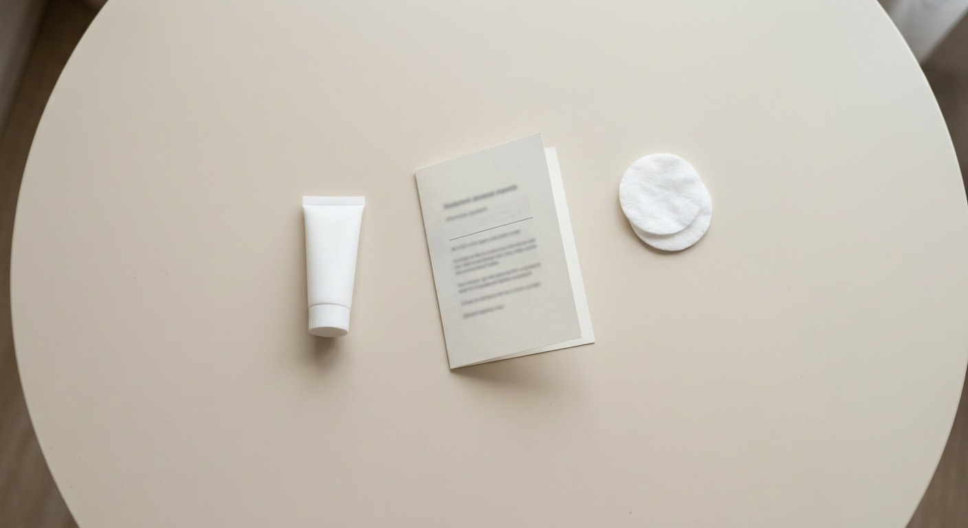 A flat lay on a round table: a small tube of protective cream, a folded aftercare card, and two cotton pads.