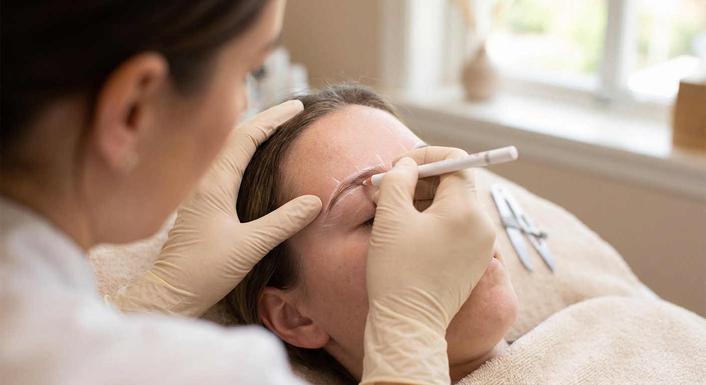 Gloved hands drawing a brow shape on with a white mapping pencil, with calipers held against the brow.