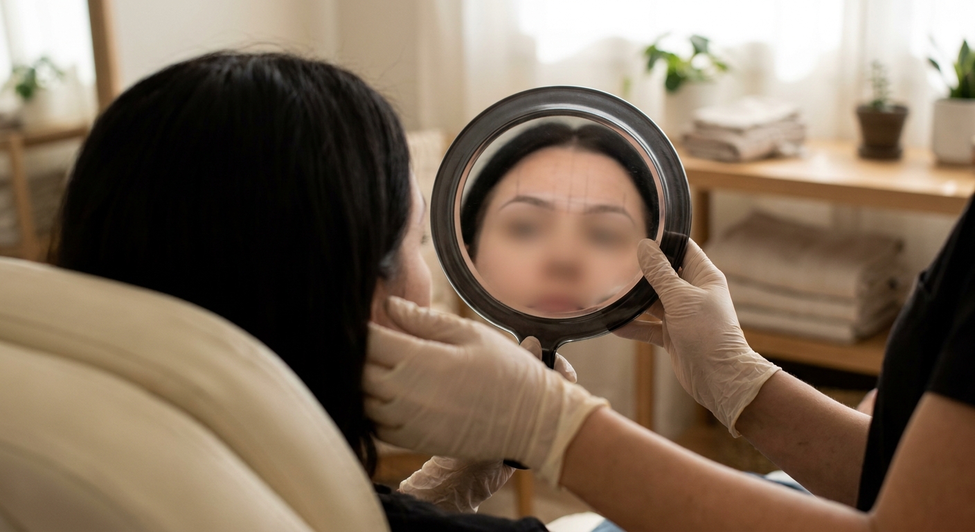 Hands holding a mirror up to a seated client so the drawn shape can be checked.