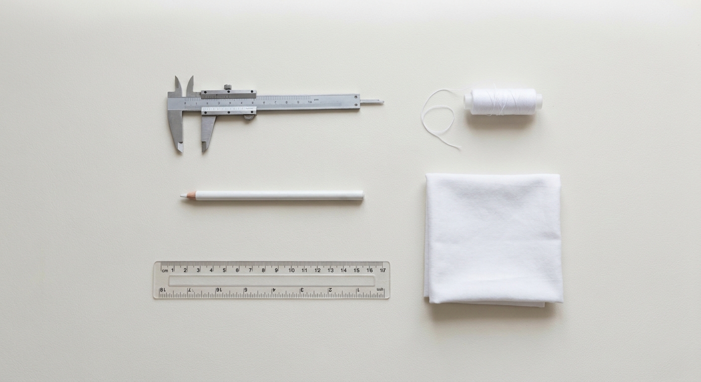 An illustration of the mapping tools laid out flat: calipers, a mapping pencil, mapping thread, and a ruler.