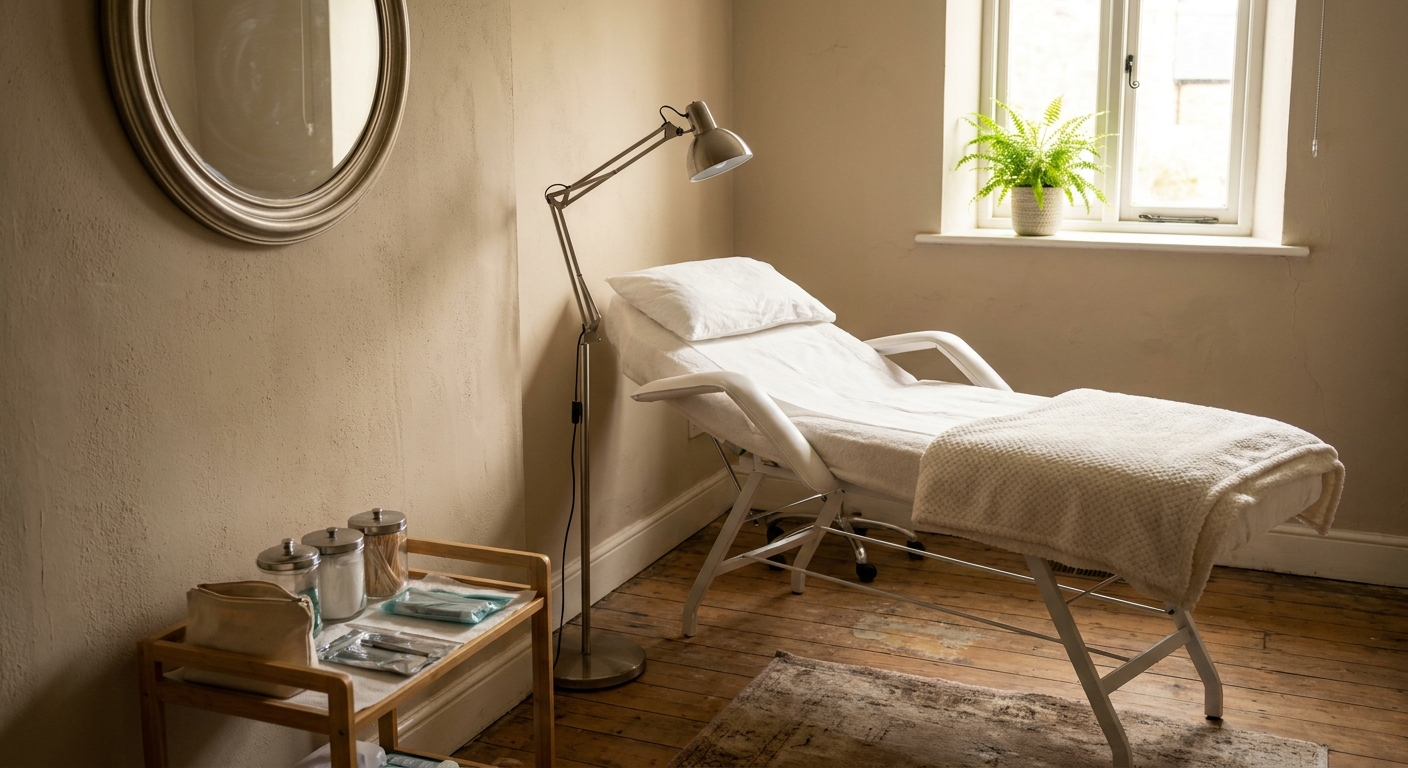 An illustration of an empty treatment room: one chair, one work surface, an adjustable lamp, and no second station.