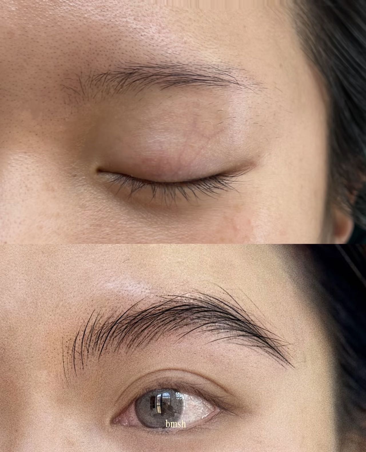 A brow before any work, photographed close: natural hair only, thinning away toward the tail, with the temple and the hairline in frame.