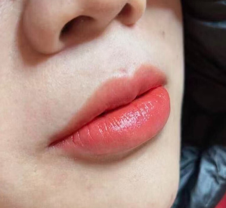 A client's lips photographed in the chair with the work just finished: a warm coral carried across both lips with a clean defined border.