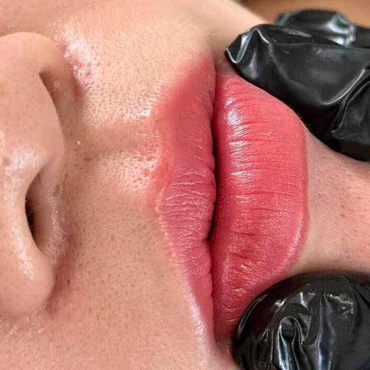 A second client's lips photographed in the chair with the appointment just finished: a deep rose worked evenly into the lip, gloved fingers holding the corner of the mouth.