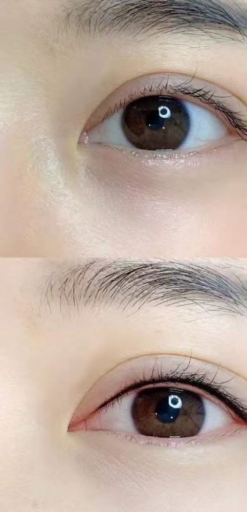 Top, before: a bare upper lash line. Below, after: a fine line along the upper lashes, slightly thicker toward the outer corner.