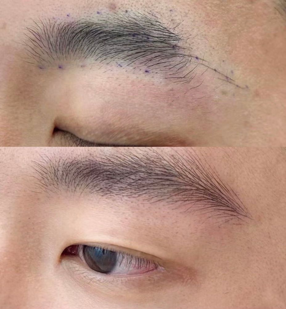 Top, before: a sparse brow with violet mapping dots marking the planned shape. Below, after: a denser, evenly shaped brow of hairstrokes.