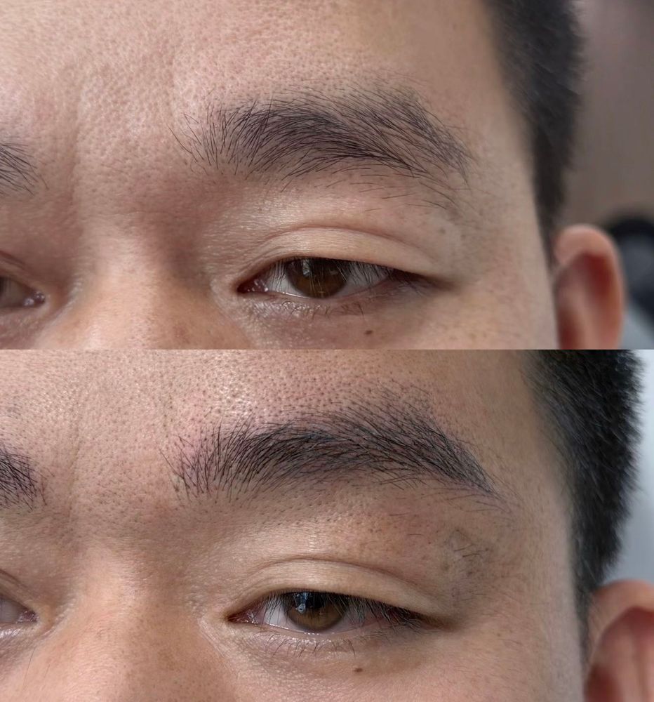 Top, before: sparse, patchy brows. Below, after: the same brows fuller and even, still natural and masculine.