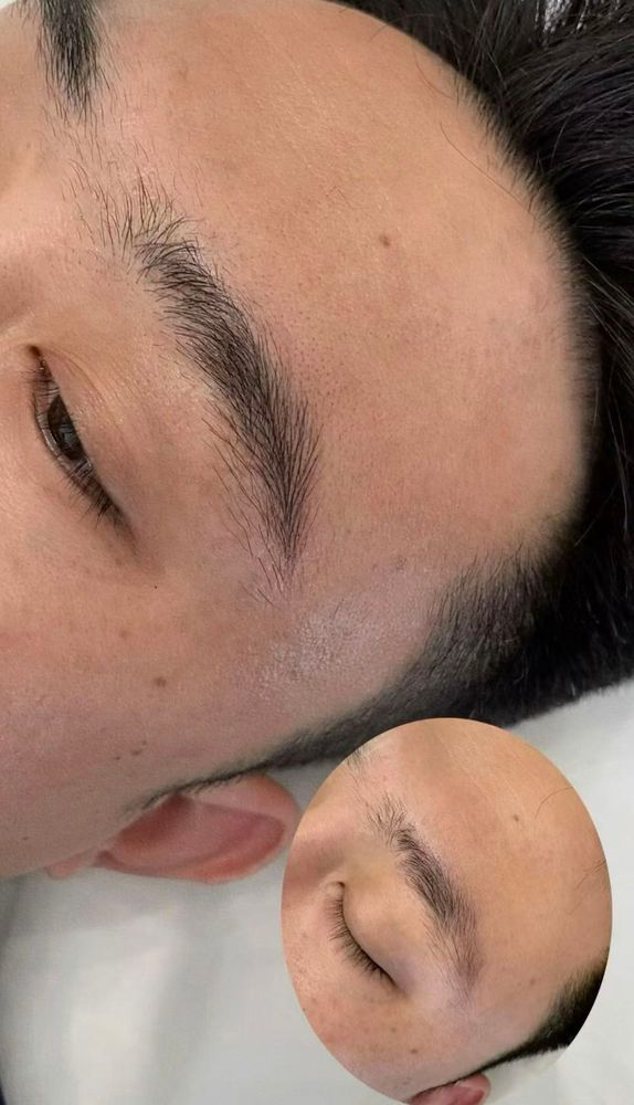After: the finished brow, photographed with the client lying back. The small oval photo shows the sparse brow before.