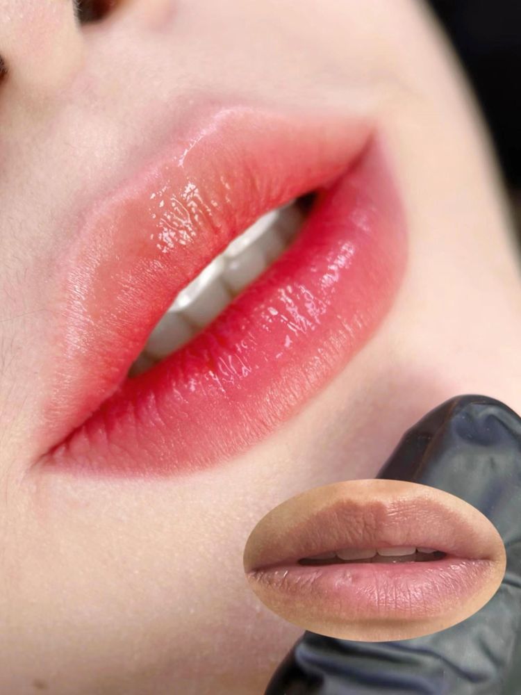 After: rosy red lips that fade softly toward the border, the artist's gloved hand in frame. The small oval photo shows the lips before: light peach with a slightly browner upper border.