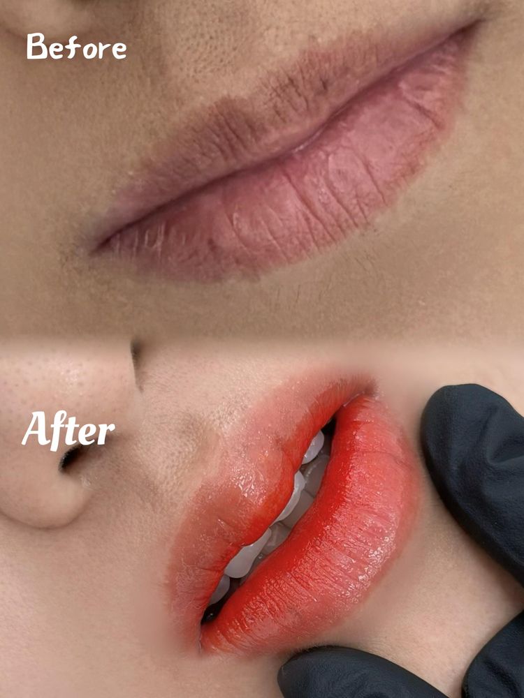 Top, labelled Before: grey-brown mauve lips with a dark border. Below, labelled After: saturated coral-red lips, the artist's gloved fingers in frame.