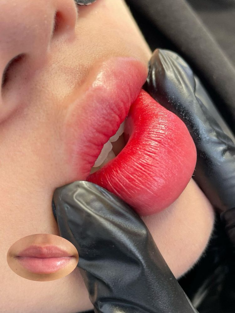 After: saturated red lips with a defined border, the artist's gloved hands in frame. The small oval photo shows the lips before: light and evenly pink.