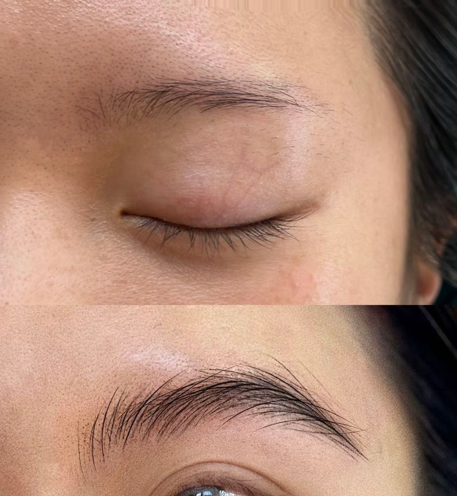 Top, before: a short, sparse natural brow, the eye closed. Below, after: a dense, shaped brow of fine hairstrokes.