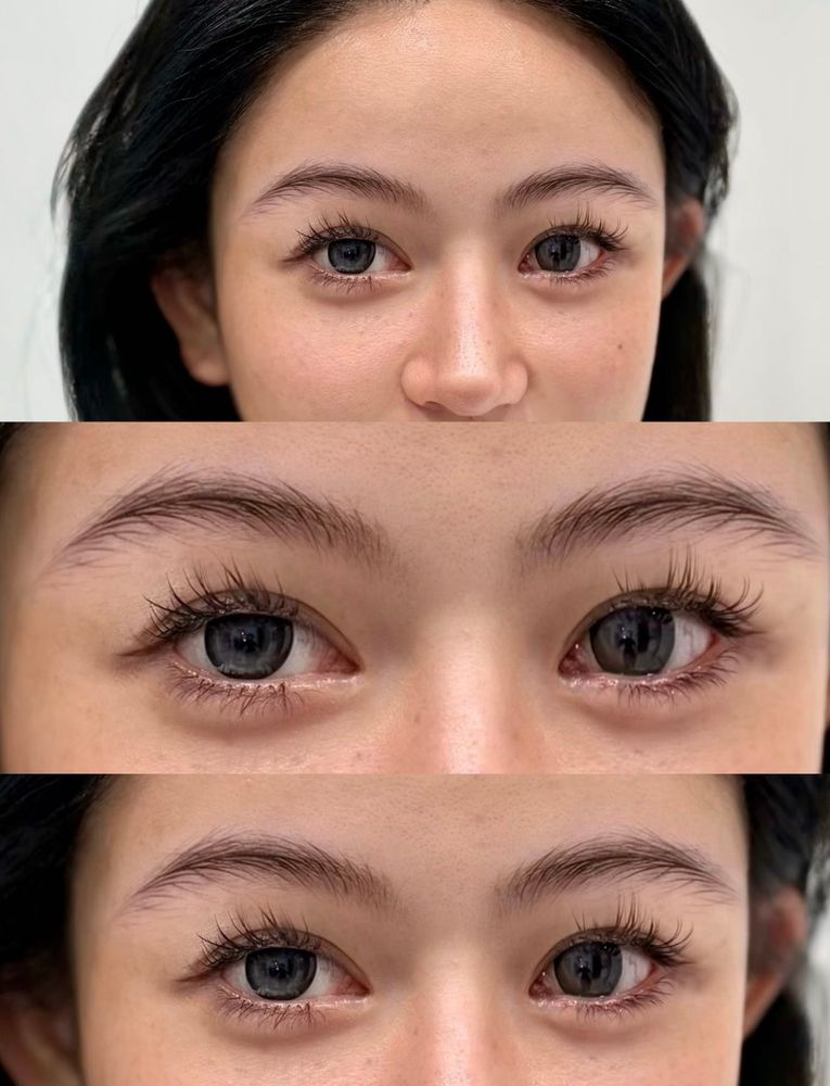Top, before: thin, short brows. Below, after, in two frames: fuller, evenly shaped brows with soft hairstrokes.