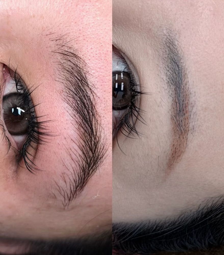 Two panels turned on their side. Right, before: an earlier brow tattoo faded to grey-blue, with warm red-orange patches. Left, after: a dense brow of fine hairstrokes.