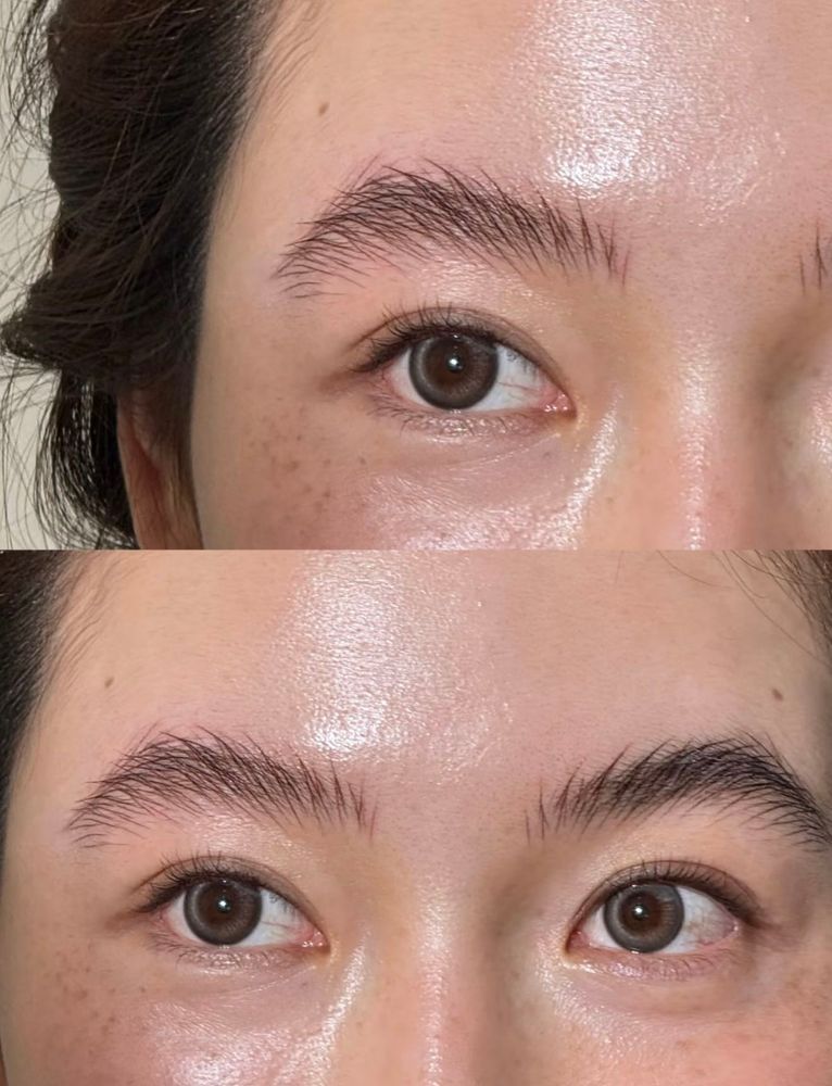 The finished brows only, in two close views, one brow and then both: dense, fine hairstrokes from head to tail.
