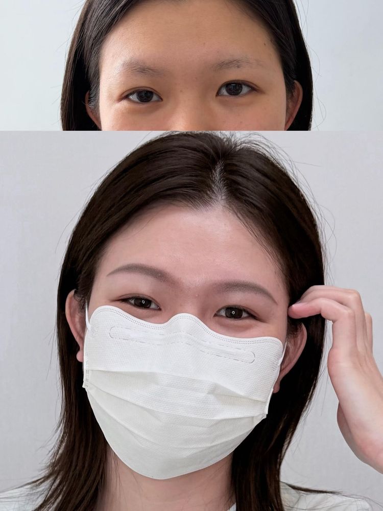 Top, before: short, sparse brows. Below, after: fuller, softly shaded brows with a defined tail, the client wearing a face mask.