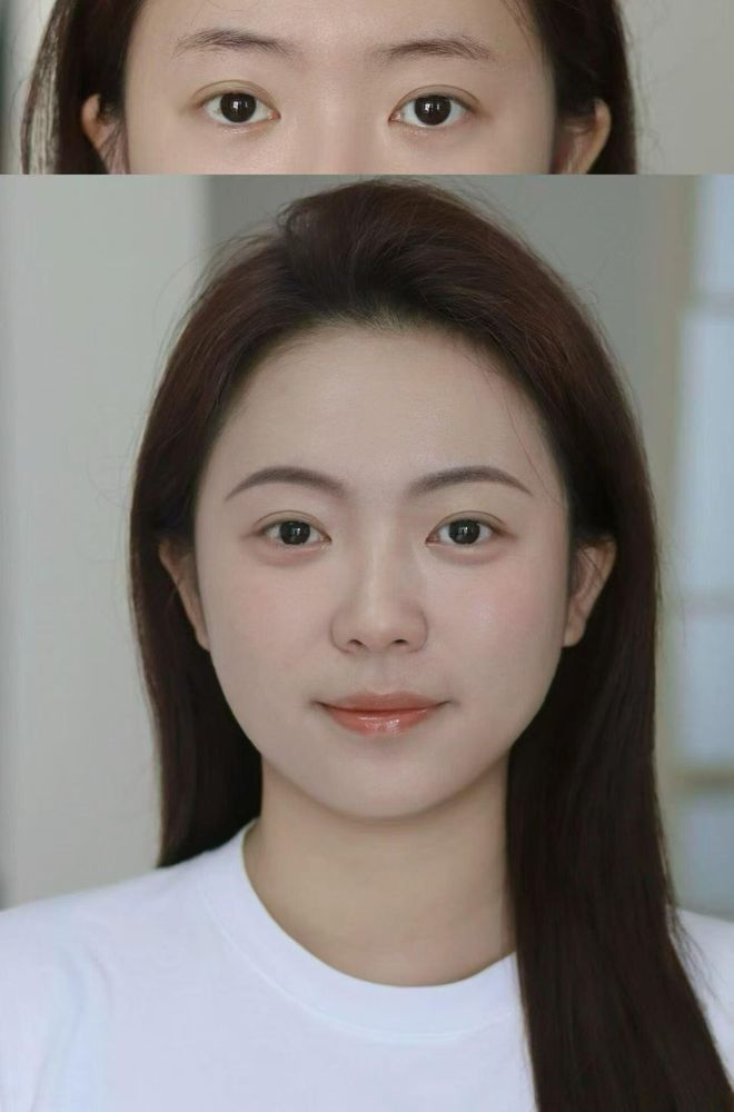 Top, before: faint brows. Below, after: soft, misty shaded brows in a front-facing portrait.