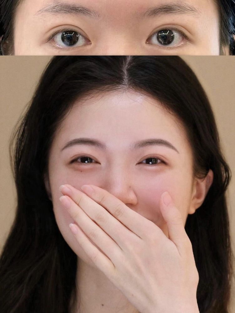 Top, before: sparse brows. Below, after: softly shaded brows with a clear shape.