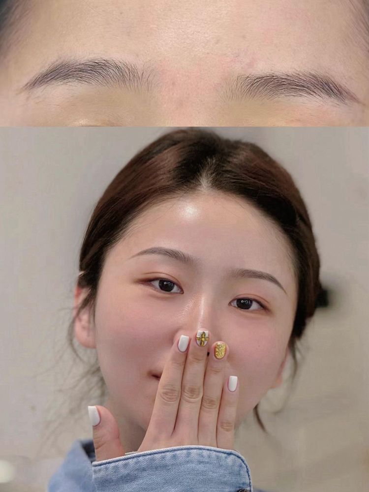 Top, before: light, thin brows. Below, after: a soft powder finish with an even shape.