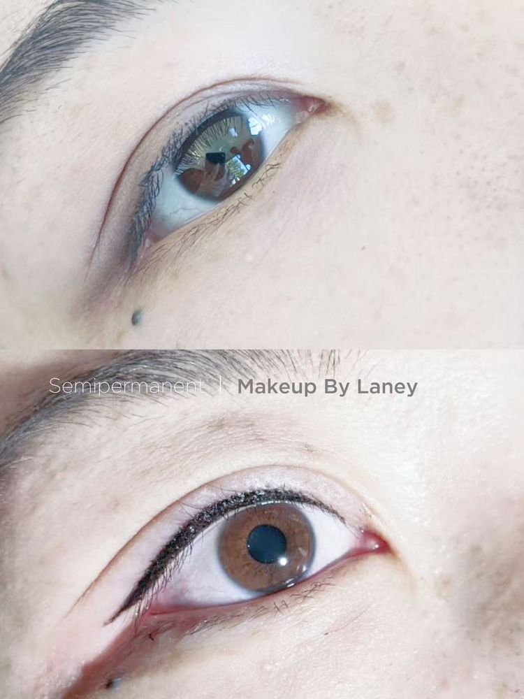 Top, before: the eye with no liner. Below, after: a fine black line along the upper lashes that lifts into a wing past the outer corner.
