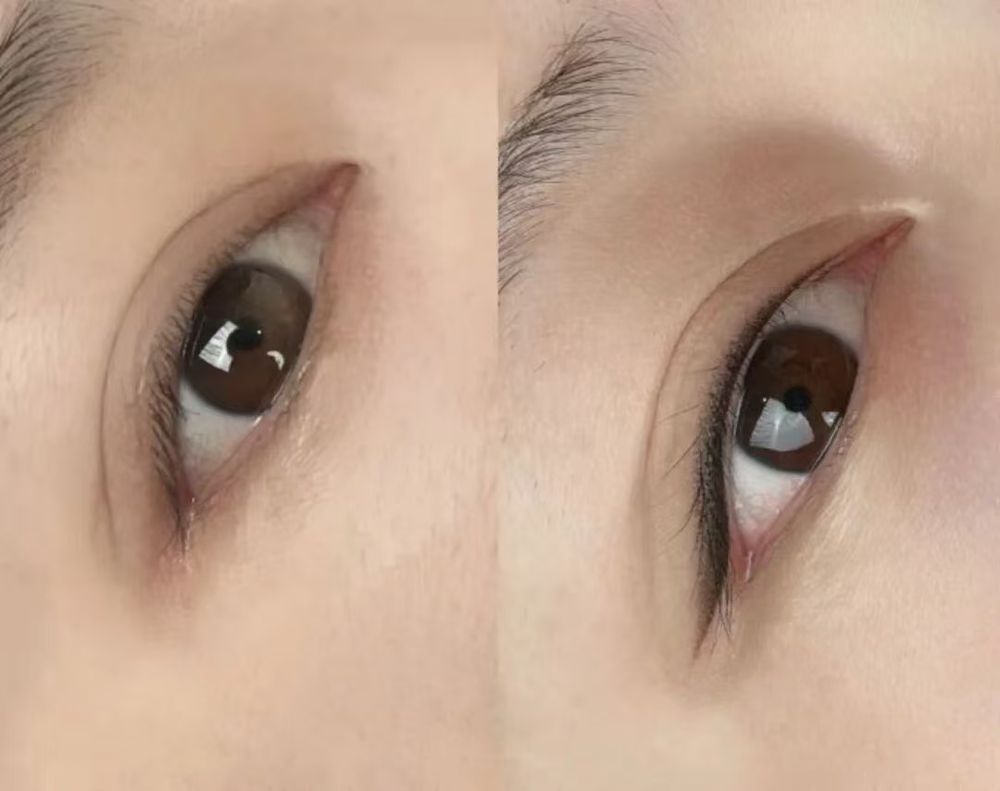 Two panels turned on their side. Left, before: a bare eye. Right, after: an upper liner that runs past the outer corner into a short, tapered tail.