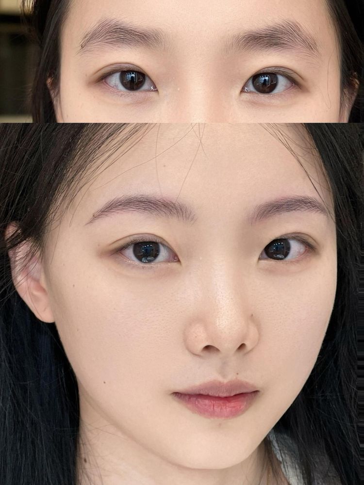 Top, before: faint brows with no clear shape. Below, after: soft, airy hairstroke brows.