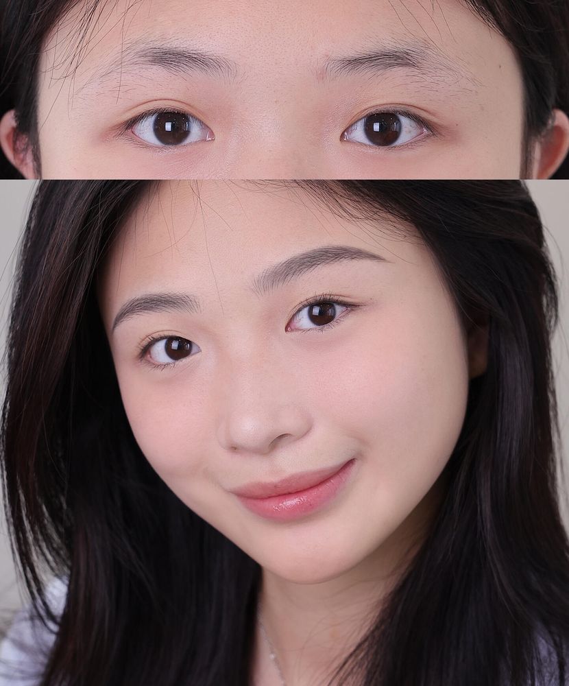 Top, before: brows with no clear shape and a missing tail. Below, after: soft, complete brows.