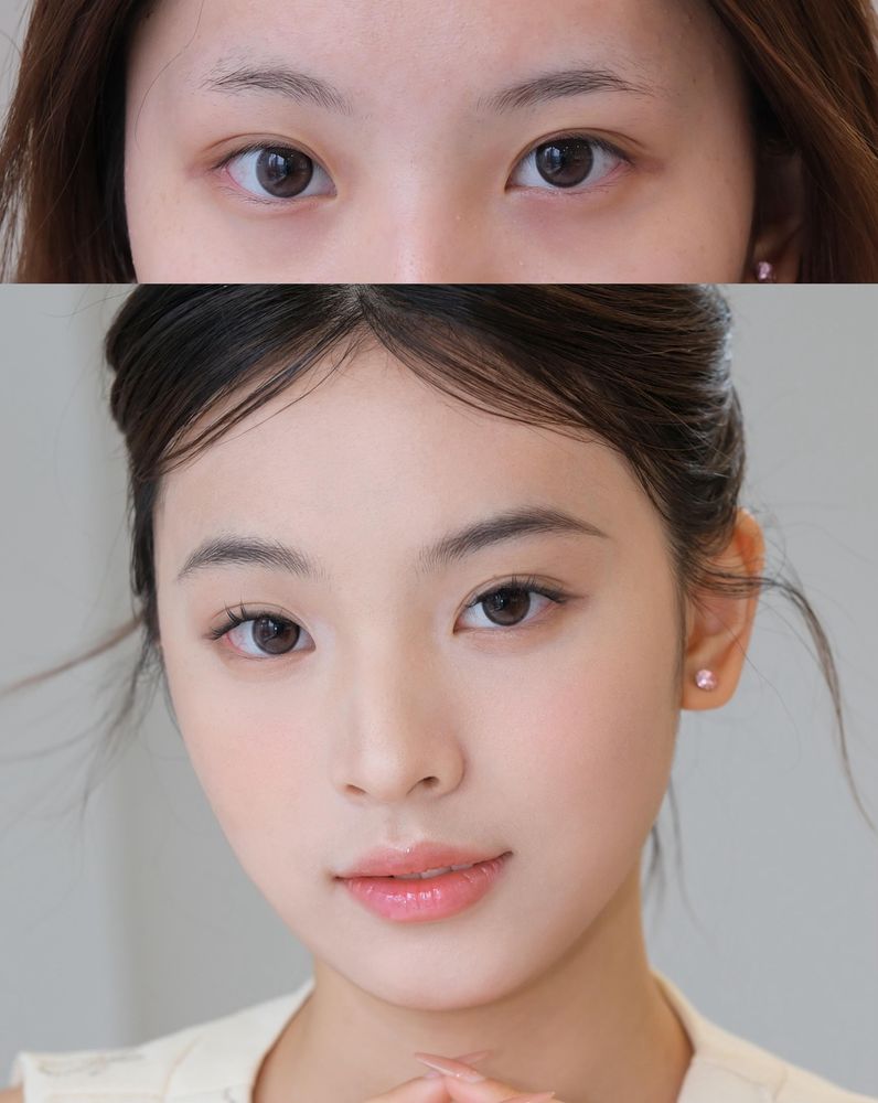 Top, before: light, uneven brows. Below, after: soft brows with a gentle arch.